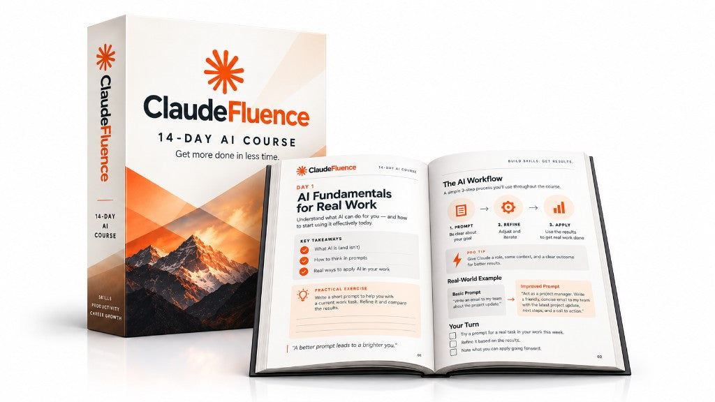 ClaudeFluence 14-day AI course box and workbook